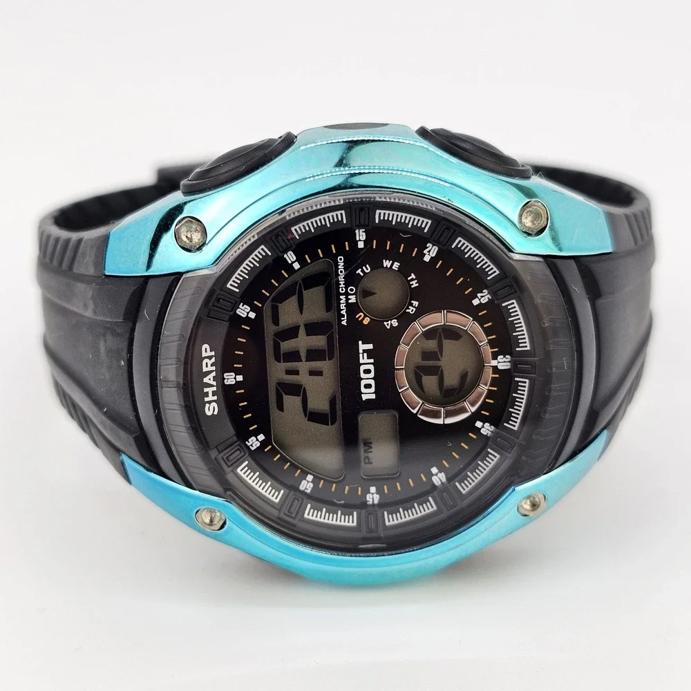 Sharp Men's Digital Watch 45MM Black Plastic Bands‎ New Battery LIGHT VERY WEAK